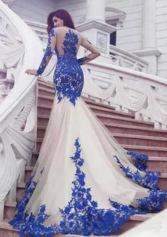 White Blue Embroidered Full Sleeves Long Prom Dress