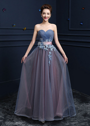 Steel Blue A-Line Applique Strapless Sleeves Prom Dress