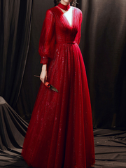 Dark Red Deep V Neck Long Puff Sleeves Prom Dress