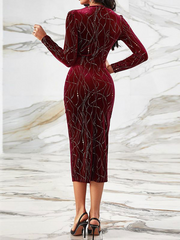 Sequined V Neck Long Sleeves High Split Dress