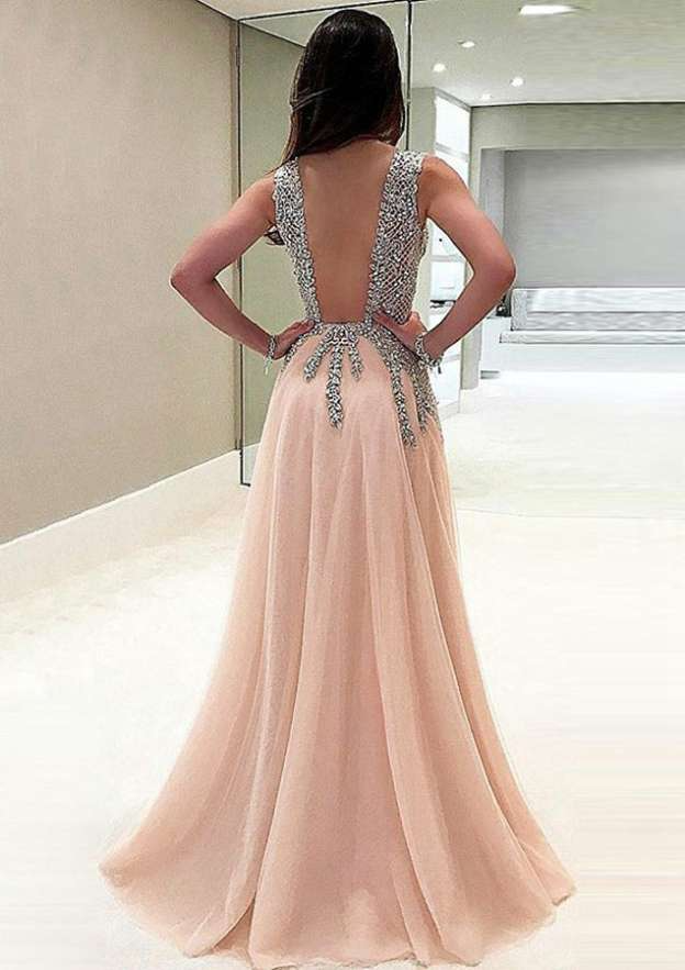 Papaya Whip Appliqued Beaded Long Prom Dress