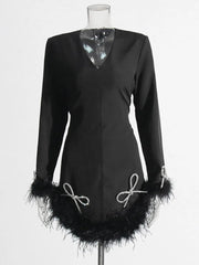 Black V-Neck Long Sleeved Fur Detailing Party Dress