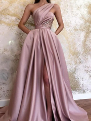 Satin One Shoulder Sleeveless Pleated Split Wedding Dress