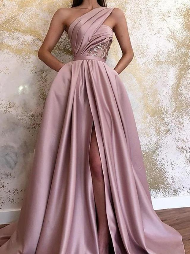 Satin One Shoulder Sleeveless Pleated Split Wedding Dress