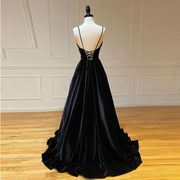 Simple Black Spaghetti Strap Sleeveless Long Evening Dress