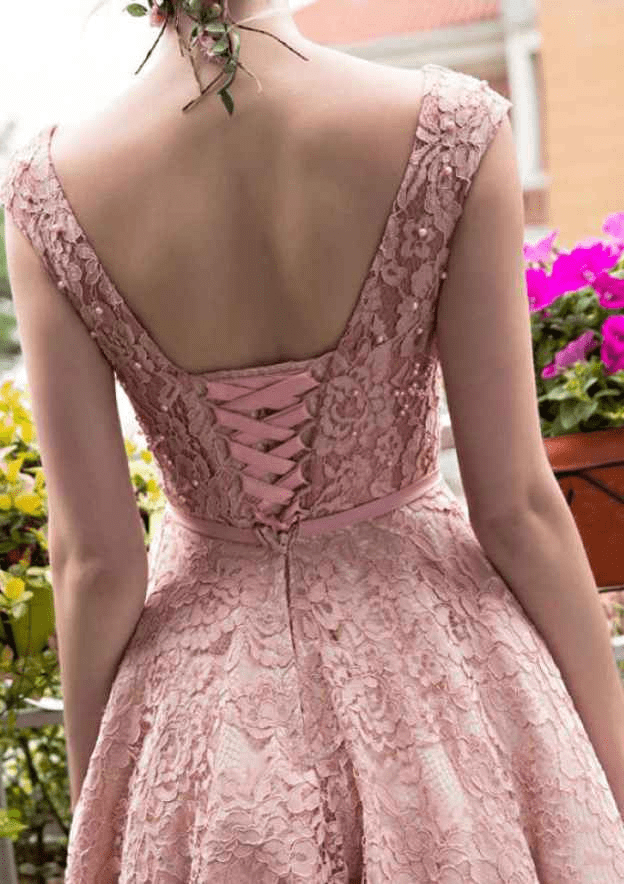 Prettyunik Elegant A-Line Pink Lace Sleeveless Short Prom Dress