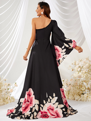 One Sleeve Floral Printed Long Slit Evening Dress