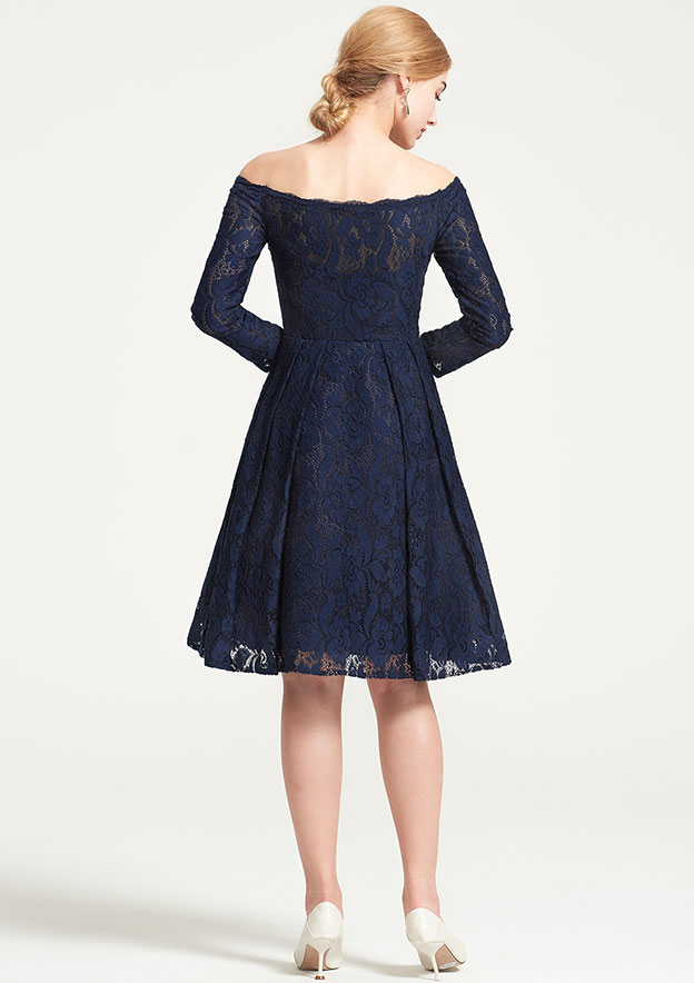 Navy Lace Off-Shoulder Long Sleeves Short Bridesmaid Dress