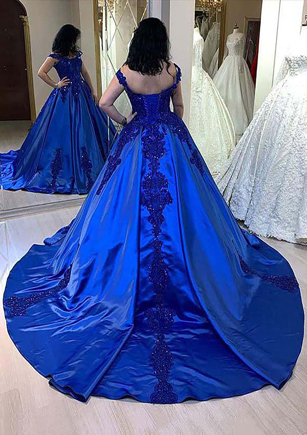 Blue Appliqued Sleeveless Ball Gown Long Prom Dress