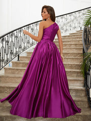 Purple Satin Princess Ruffles One-Shoulder Split Evening Dress