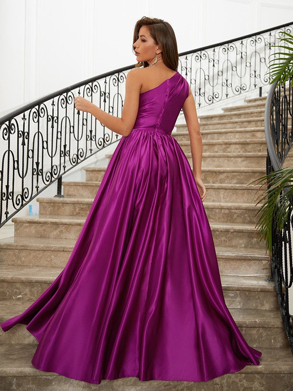 Purple Satin Princess Ruffles One-Shoulder Split Evening Dress