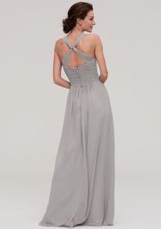 Prettyunik A-Line Silver Sleeveless Floor-length Bridesmaid Dress