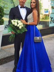 Satin Blue Deep V Neck Long Evening Dress