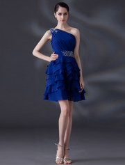 Navy Beaded Oblique Shoulder Sleeveless Ruffle Prom Dress