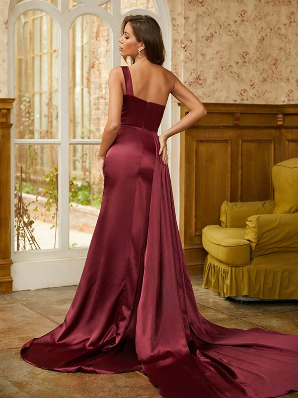 Dark Red Satin Sequin One-Shoulder Sleeveless Split Evening Dress