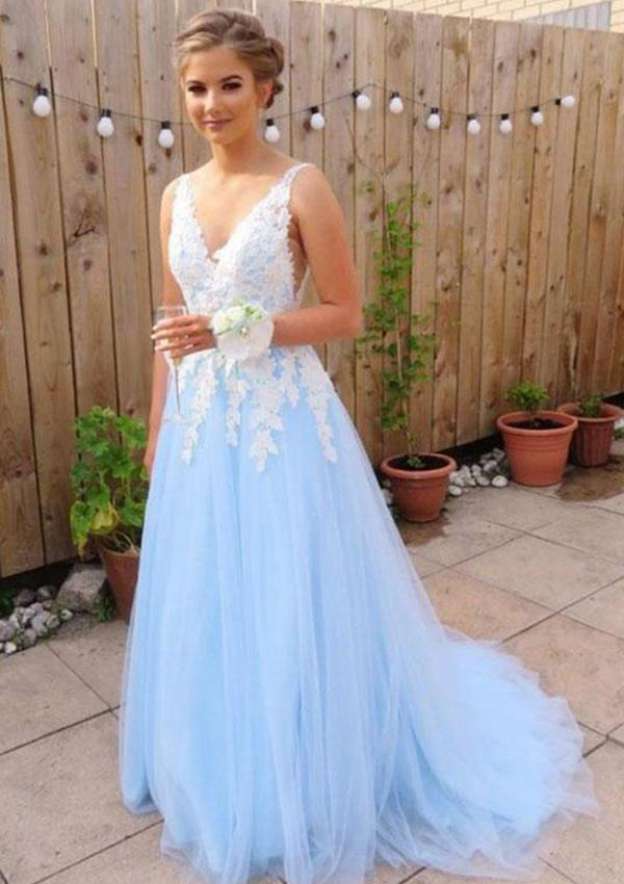 Pale Turquoise Appliqued Sleeveless Backless Prom Dress