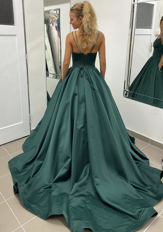 Green Satin Spaghetti Strap Sleeveless Brush Train Prom Dress