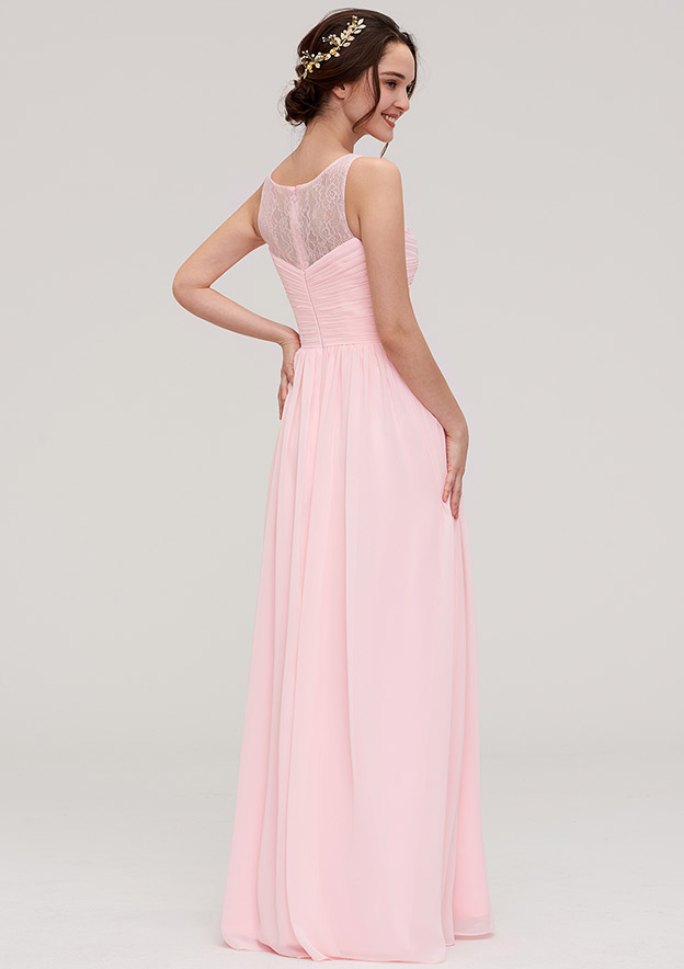 Papaya Whip Jewel Neck Sleeveless Maxi Bridesmaid Dress