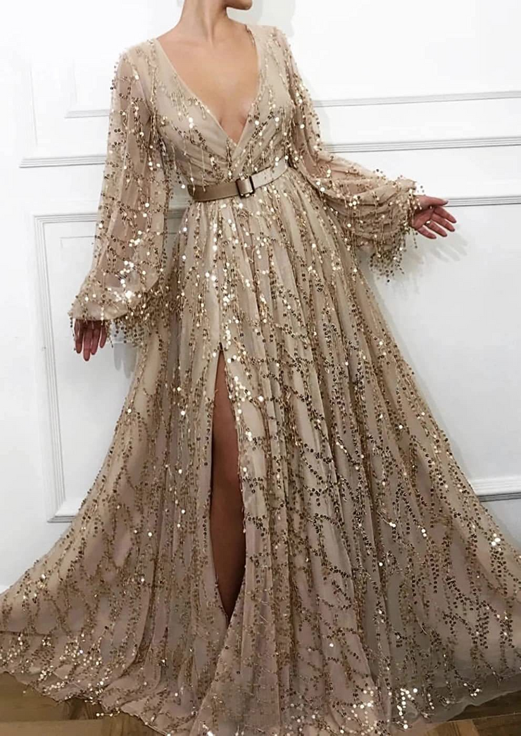 Sequin Deep V Neck Full Sleeves Long Evening Slit Dress