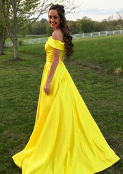 Yellow Satin Off-Shoulder Sleeveless Brush Train Prom Dress