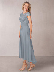 Light Gray Chiffon Jewel Neck Short Sleeves Lace Embroidered Bridesmaid Dress