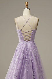 Appliqued Purple Tulle Long Prom Dress