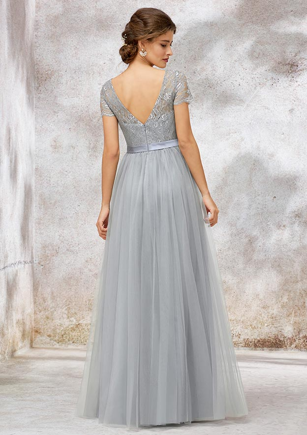 Silver Lace Short Sleeves Maxi Bridesmaid Dress