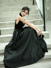 Black Satin V-Neck Spaghetti Straps Velour Floor-Length Bridesmaid Dress