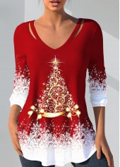 Cut Out Christmas Print Red T Shirt