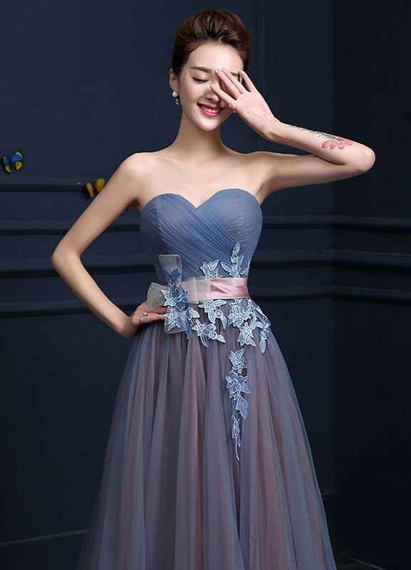 Steel Blue Applique Lace Up Strapless Tulle Floor Length Party Dress