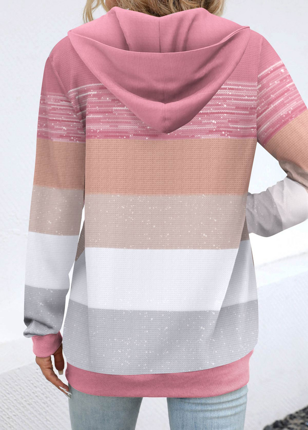 Pink Pocket Geometric Print Long Sleeve Hoodie