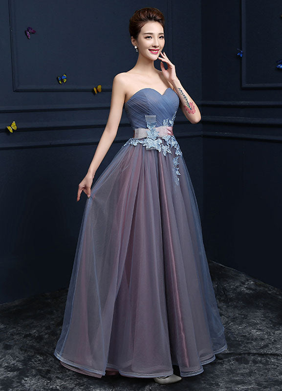 Steel Blue Applique Lace Up Strapless Tulle Floor Length Party Dress