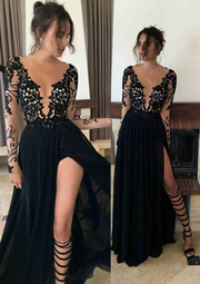 Black Lace Full Sleeves Long Slit Prom Dress