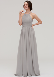 Silver Hanging Neck Sleeveless Maxi Bridesmaid Dress