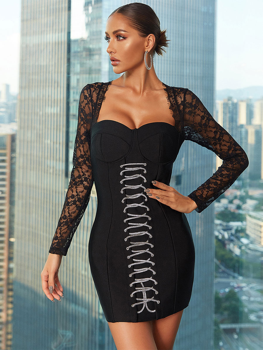 Black Square Neck Lace Long Sleeves Evening Dress