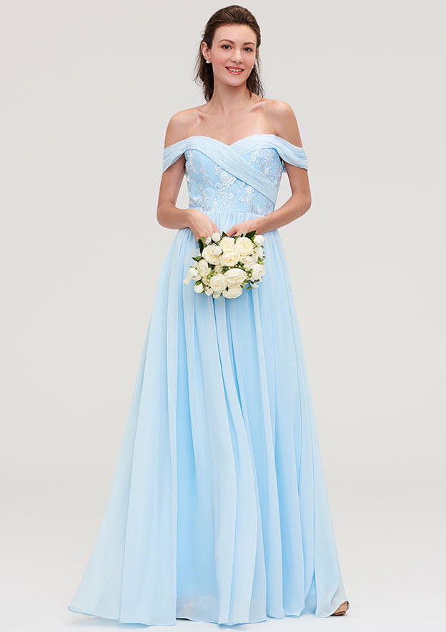 Pale Turquoise Appliqued Off-Shoulder Bridesmaid Dress