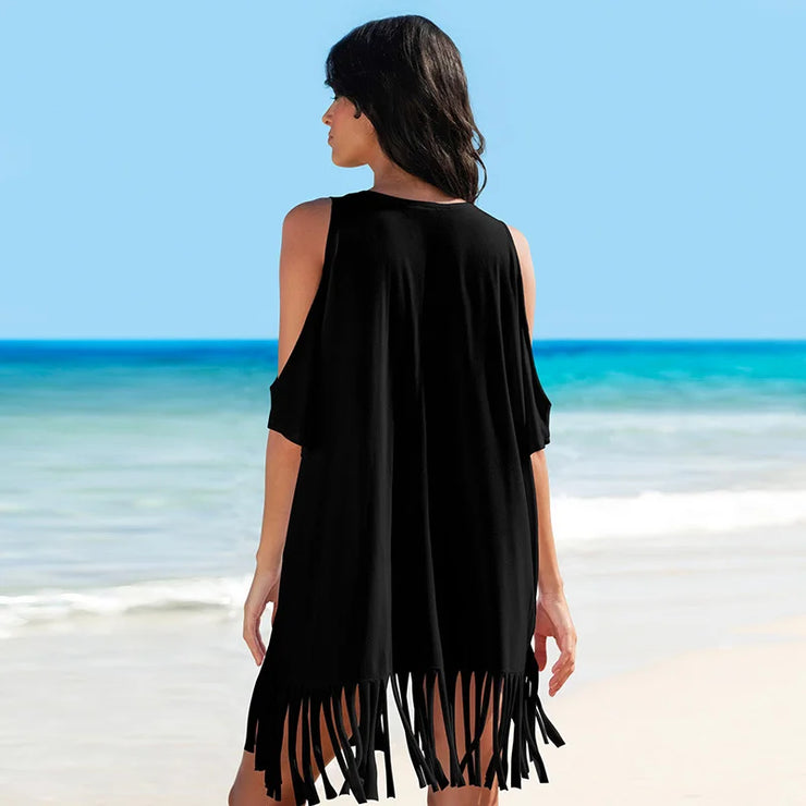 Cold Shoulder Letter Print Tassel Hem Cover Up