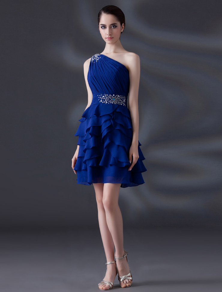 Navy Beaded Oblique Shoulder Sleeveless Ruffle Prom Dress