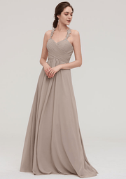 Prettyunik A-Line Wheat Sleeveless Floor-Length Bridesmaid Dress