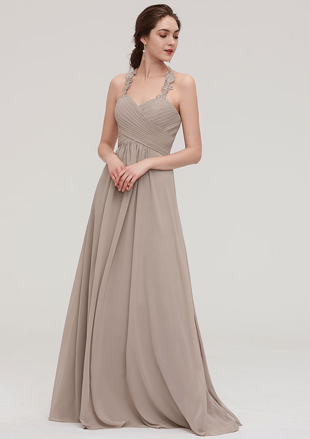 Prettyunik A-Line Wheat Sleeveless Floor-Length Bridesmaid Dress