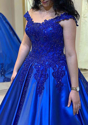 Blue Appliqued Sleeveless Ball Gown Long Prom Dress