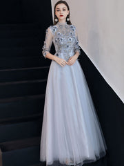 Light Gray Lace Flower Applique Half Sleeves Prom Dress