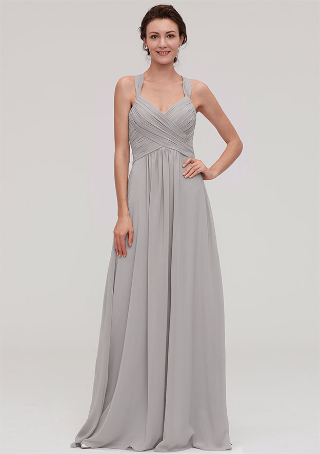 Prettyunik A-Line Silver Sleeveless Floor-length Bridesmaid Dress