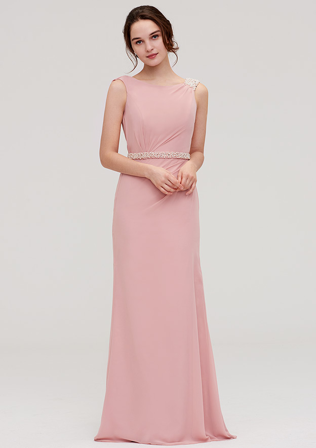 Peach Puff Sleeveless Beaded Maxi Bridesmaid Dress