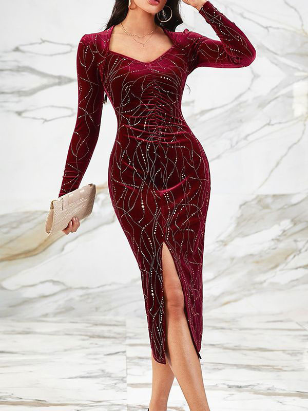 Sequined V Neck Long Sleeves High Split Dress