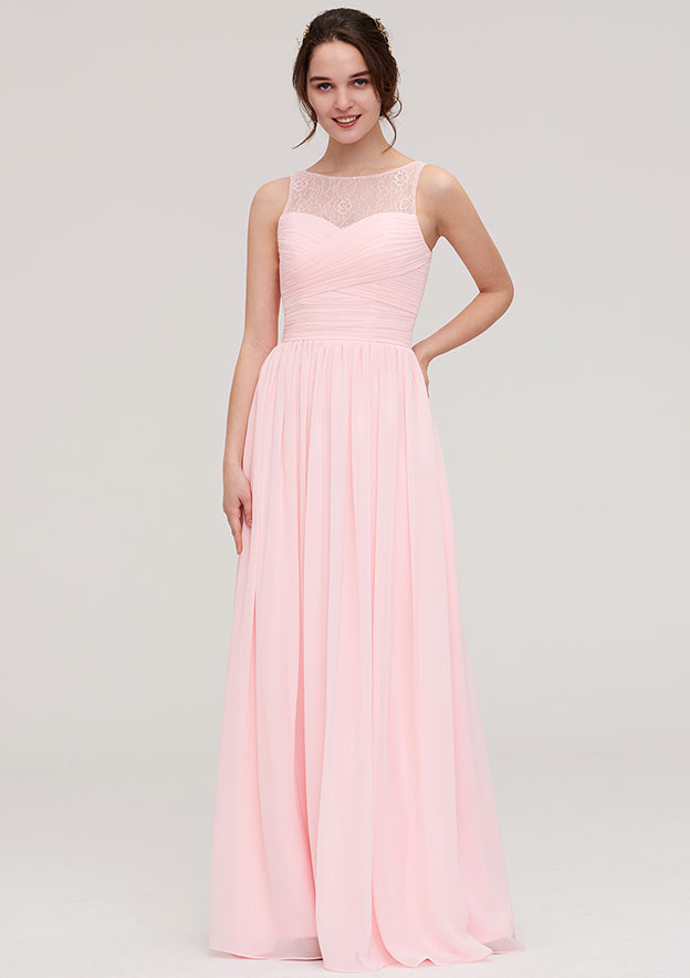 Papaya Whip Jewel Neck Sleeveless Maxi Bridesmaid Dress