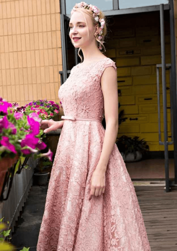 Prettyunik Elegant A-Line Pink Lace Sleeveless Short Prom Dress