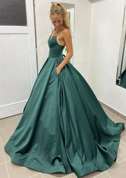 Green Satin Spaghetti Strap Sleeveless Brush Train Prom Dress