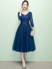 Navy Lace Applique V Neck Long Sleeves Prom Dress