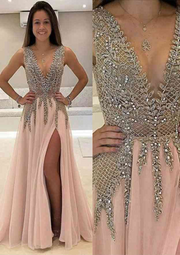 Papaya Whip Appliqued Beaded Long Prom Dress